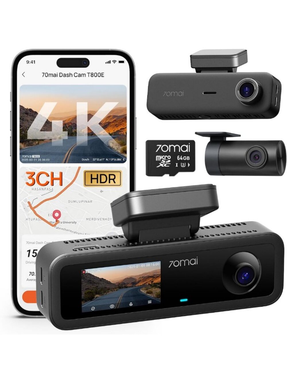 4K Dash Cam with Front & Rear View, GPS, Wi-Fi, Night Vision, Voice Control